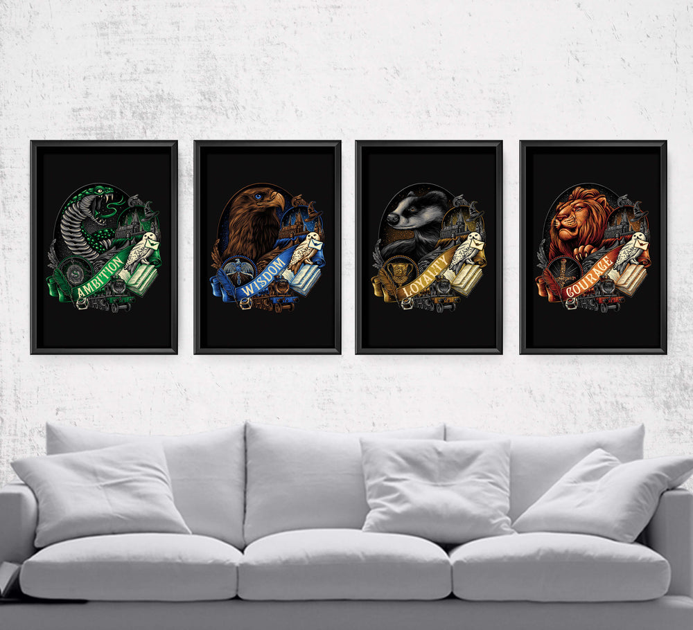 Wizarding House Emblems Posters by Glitchy Gorilla - Pixel Empire