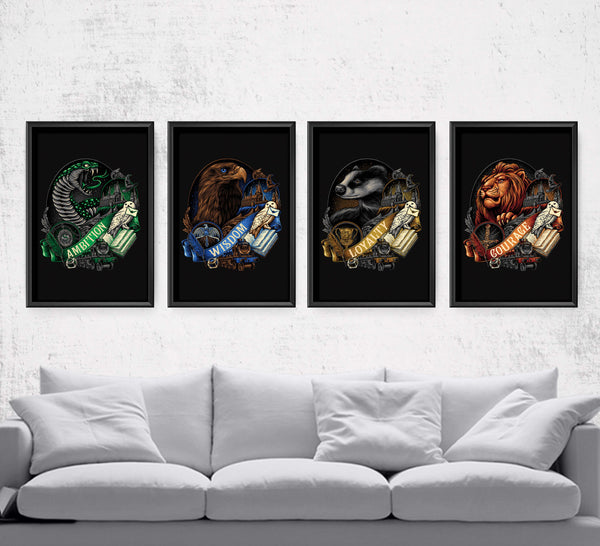 Wizarding House Emblems Posters by Glitchy Gorilla - Pixel Empire