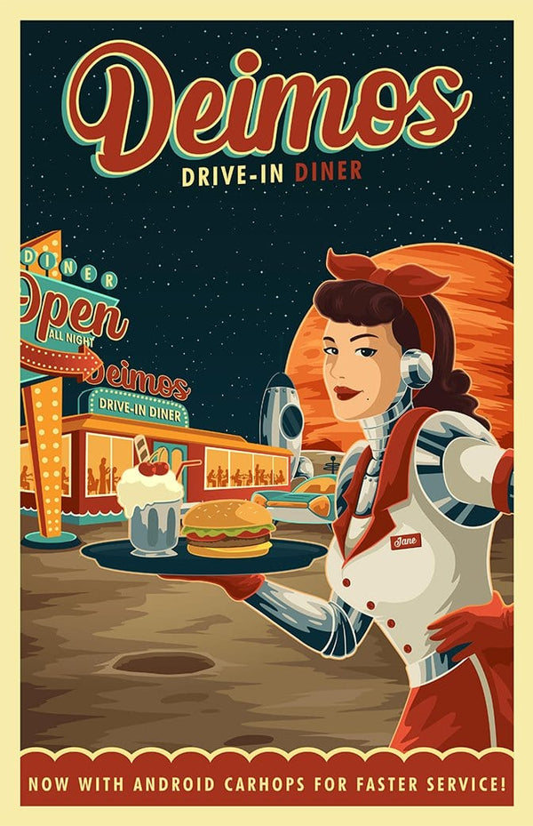 Space Tourism Mars Deimos Drive-in Diner Posters by B Cubed Designs - Pixel Empire