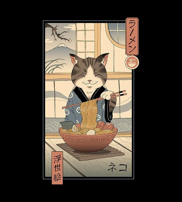 Neko Ramen Ukiyo-e T-Shirts by Vincent Trinidad - Pixel Empire