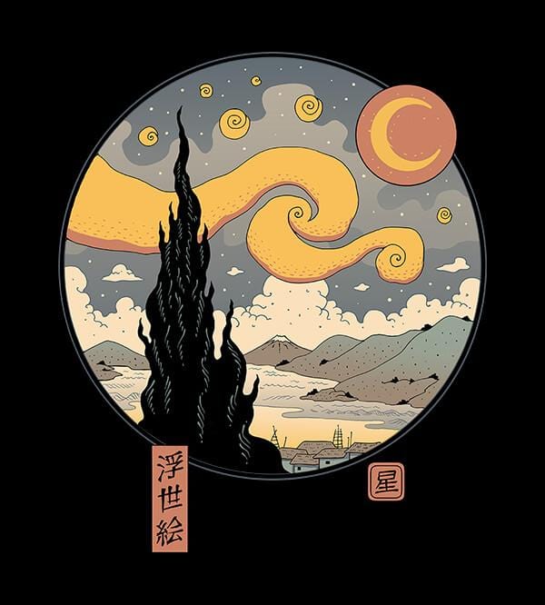 Starry Ukiyo-e Night T-Shirts by Vincent Trinidad - Pixel Empire